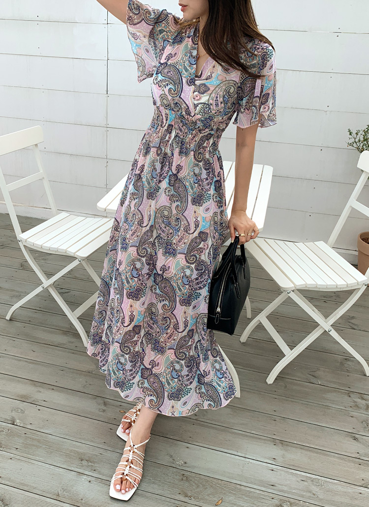 ペイズリーリボンフレアシャーリングシフォンロングａライン半袖ワンピース春夏秋 ワンピース ロング Dholic Ladies ディーホリックレディース ファッション総合通販 Dholic