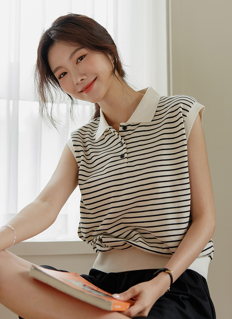 カラーネックボーダーフレンチスリーブTシャツ・p259894