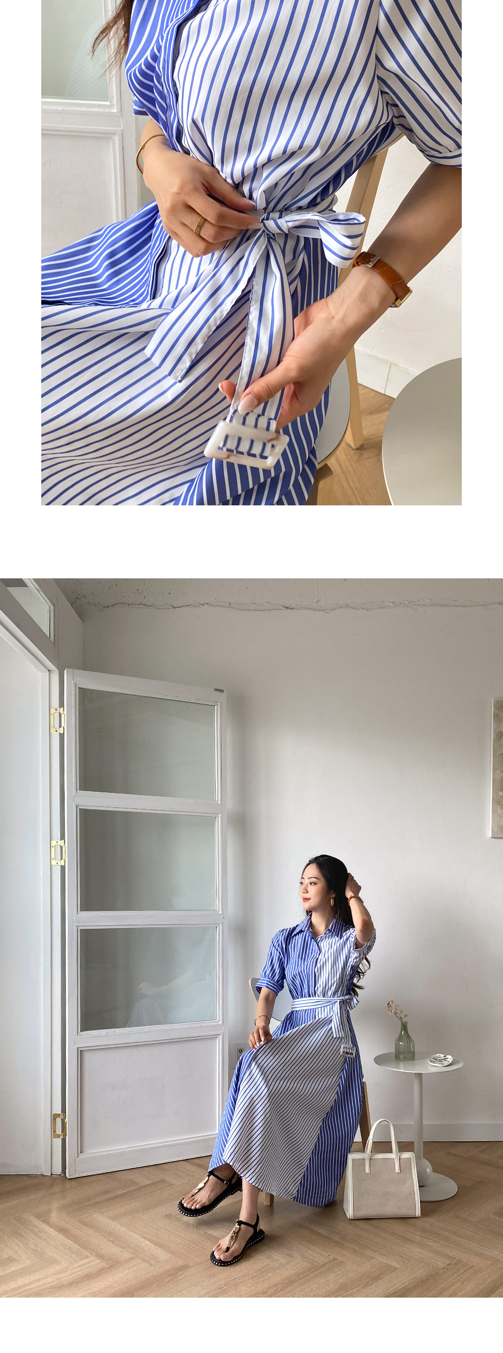 極美品】ebure ストライプ シャツワンピース ベルト付き ブルー 38 