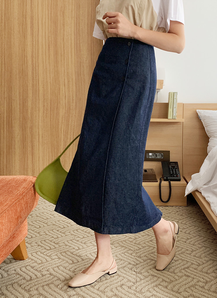 スリーボタンaライン台形ロングデニムスカート春夏秋冬 スカート デニムスカート Dholic Ladies ディホリックレディース ファッション総合通販 Dholic
