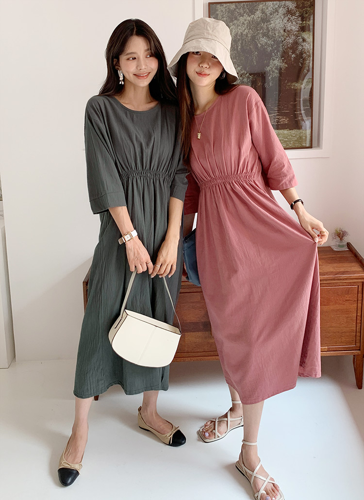 フロントウエストゴムラウンド7分丈袖ロングワンピース春夏秋 ワンピース ロング Dholic Ladies ディーホリックレディース ファッション総合通販 Dholic