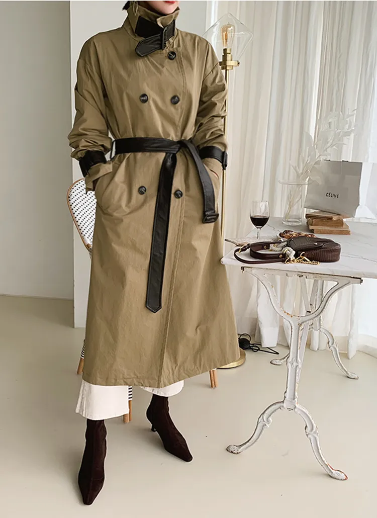 ベルト付レザー調コントラストトレンチコート | レディース  