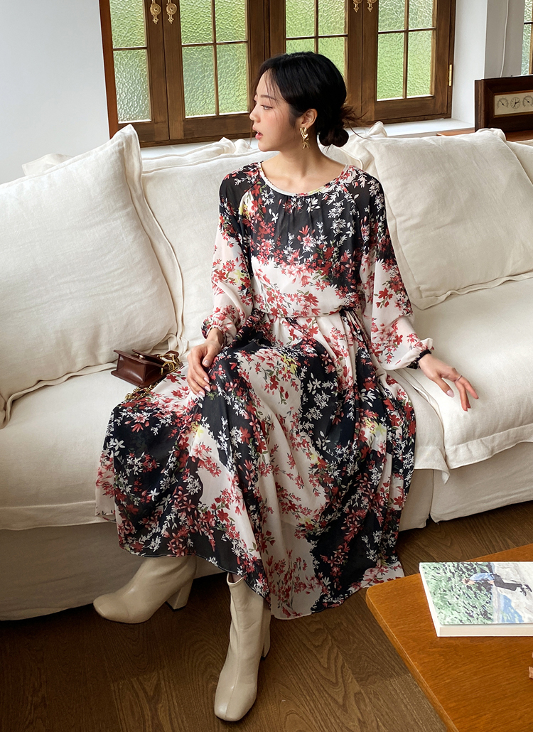 ストラップ付フローラルフラワー花柄パターンギャザー長袖ワンピース春夏秋冬 ワンピース ロング Dholic Ladies ディーホリックレディース ファッション総合通販 Dholic