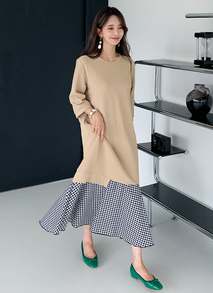 チェックヘム配色コントラストカラーテクスチャーロングフレアワンピース春秋 ワンピース ロング Dholic Ladies ディーホリックレディース ファッション総合通販 Dholic