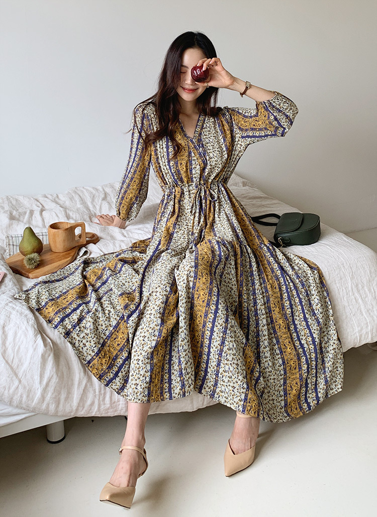 エスニックフローラルvネックドロストゴム長袖ギャザーフレアワンピース春夏秋冬 ワンピース ロング Dholic Ladies ディーホリックレディース ファッション総合通販 Dholic