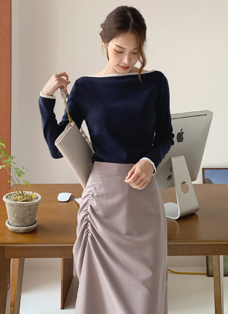配色ラインボートネックスリムフィットラウンドネック長袖ニット春秋冬 トップス ニット Dholic Ladies ディーホリックレディース ファッション総合通販 Dholic