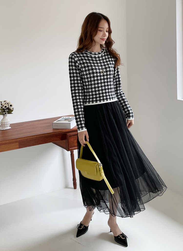 ラウンドウェーブチェック柄長袖ニット配色チュールメッシュフレアロングコントラストワンピースギンガム春秋冬 ワンピース ロング Dholic Ladies ディーホリックレディース ファッション総合通販 Dholic