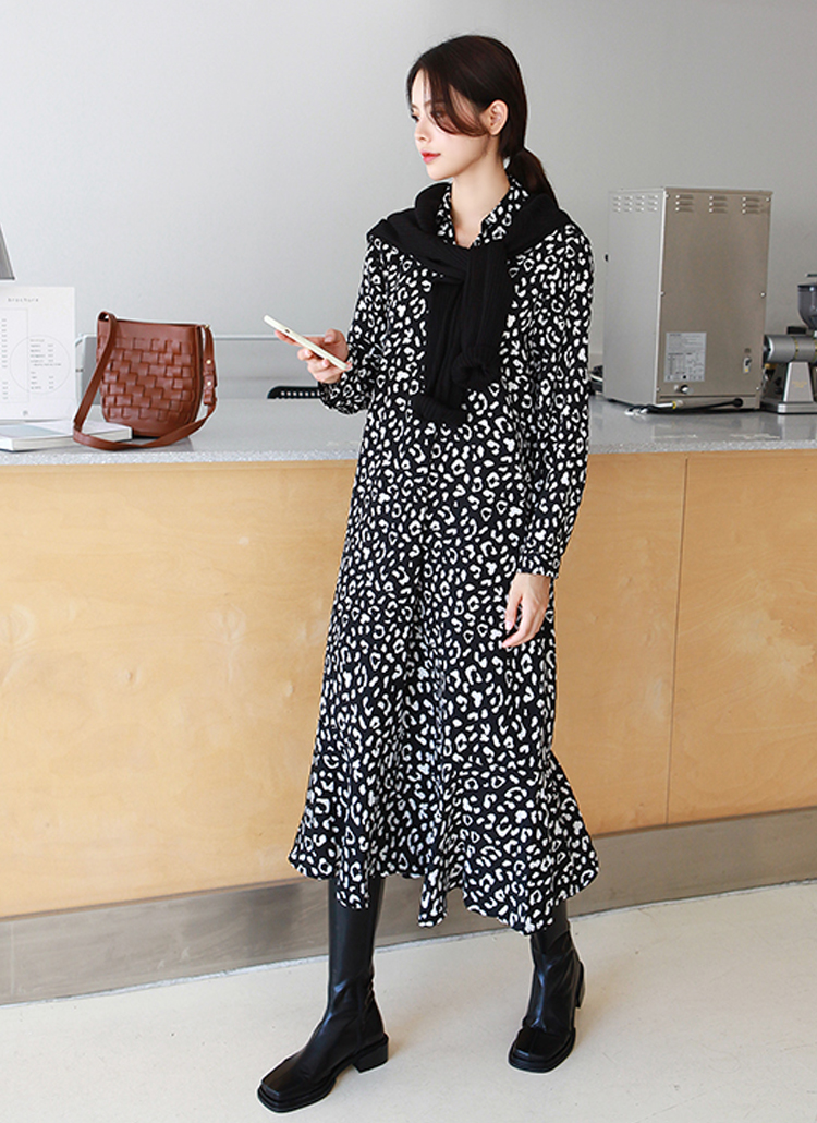 レオパードヒョウ柄ロングフレアオープンカラーワンピース春秋冬 ワンピース ロングワンピース Gaenso ゲンソ ファッション総合通販 Dholic