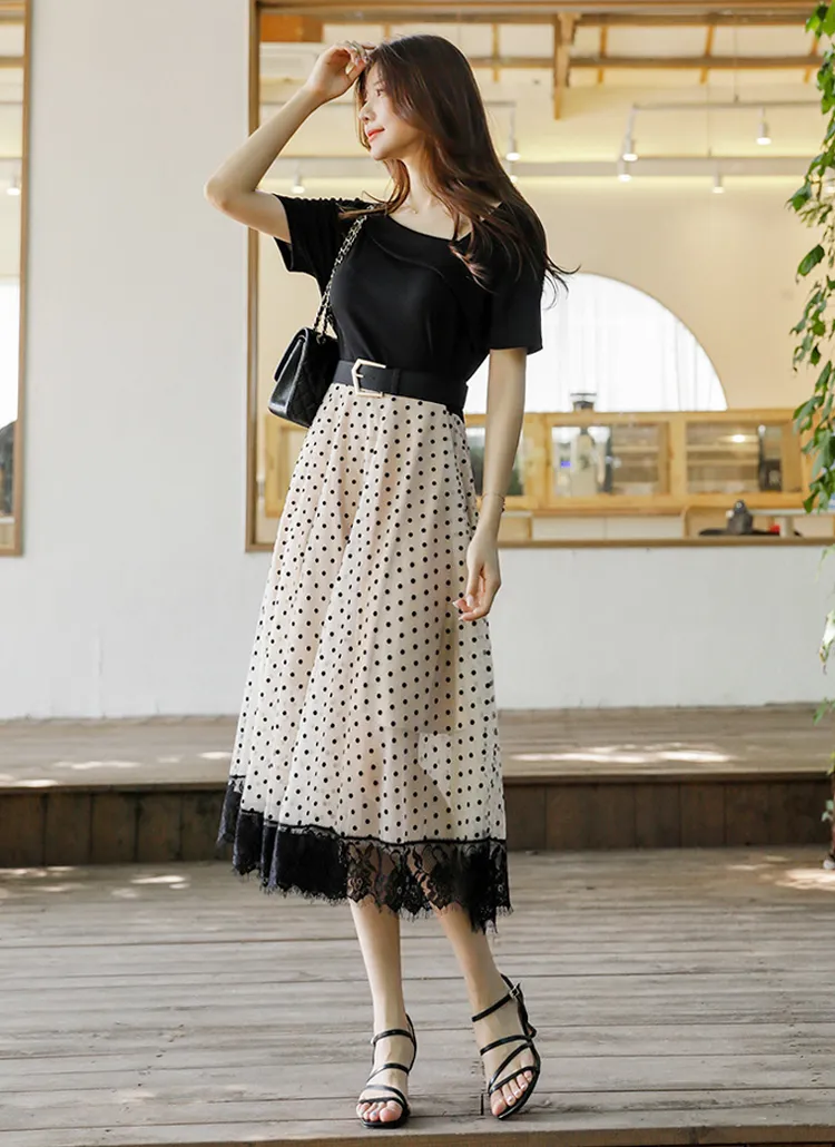 ベルト付レースヘムドット切替ワンピース | レディースファッション  