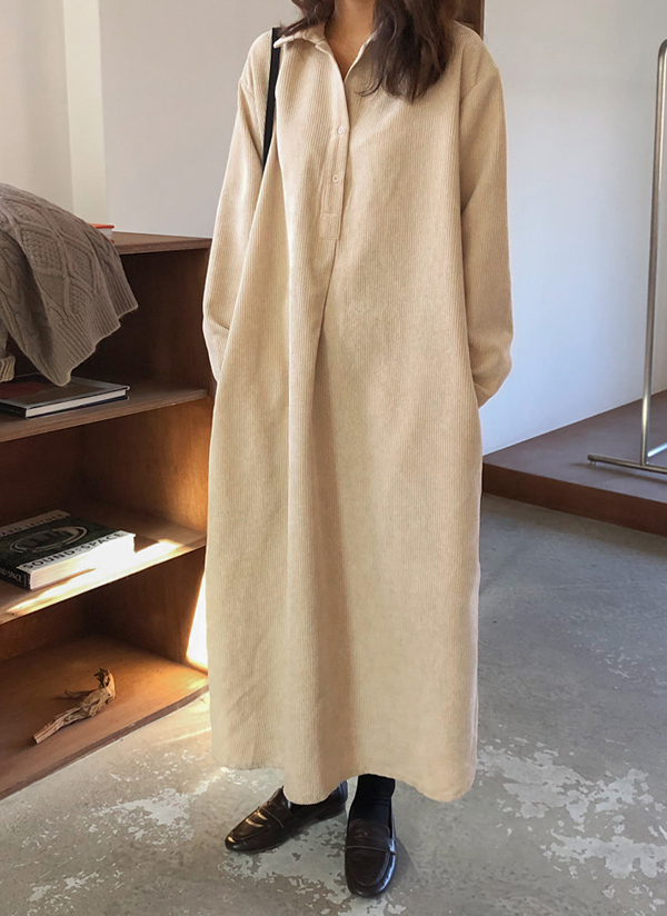 コーデュロイプルオーバーハーフボタンカラー襟カフス長袖ルーズロングシャツワンピース春秋冬 ワンピース ロングワンピース Crushj クラッシュジェイ ファッション総合通販 Dholic