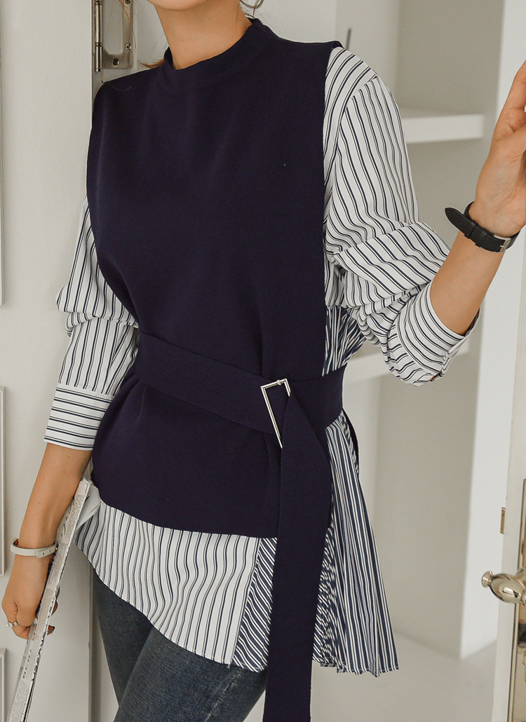 ベルト付ニットベストスリーブレスラウンドネックストライプフレアパターン柄プリーツブラウスセット春秋冬 セット その他セット Everynana エブリナナ ファッション総合通販 Dholic