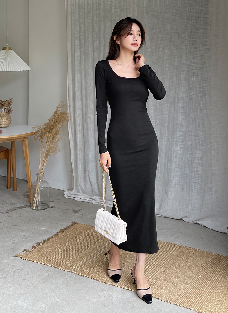 無地シンプルベーシックタイトロング長袖スクエアスリムワンピース春夏秋冬 ワンピース ロング Dholic Ladies ディーホリックレディース ファッション総合通販 Dholic