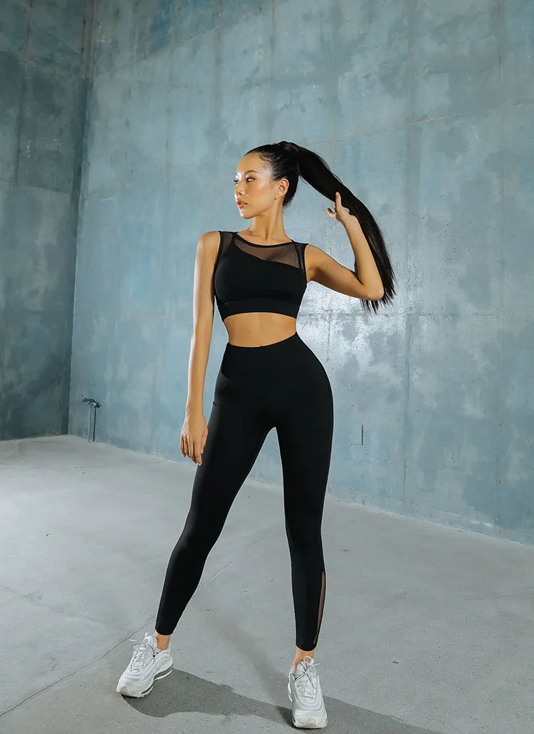 メッシュ配色ブラックブラトップ&レギンスパンツSET | レディース  