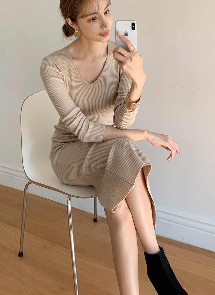 Vネックリブスリットロングワンピース・全3色 | レディース Vネックリブスリットロングワンピース・全3色 | レディース