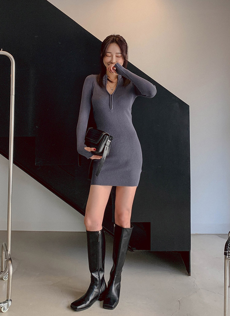 サムホールジップニットリブ無地長袖スリムフィットミニワンピース秋冬 ワンピース ミニワンピース Chicblack シックブラック ファッション総合通販 Dholic