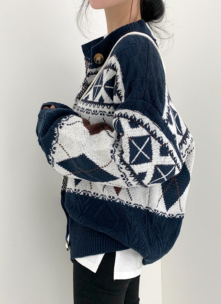 美品】sacai ハイネックニットコート アーガイル ジップ ネイビー 1-