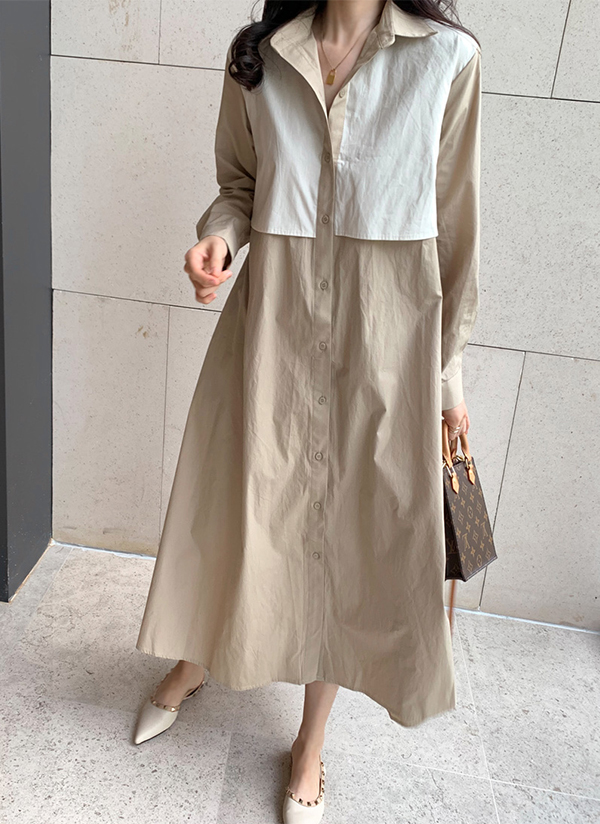 コントラストシャツカラーネックストラップ付配色ヨークロングワンピース春秋 ワンピース ロングワンピース Simpleboutique シンプルブティック ファッション総合通販 Dholic
