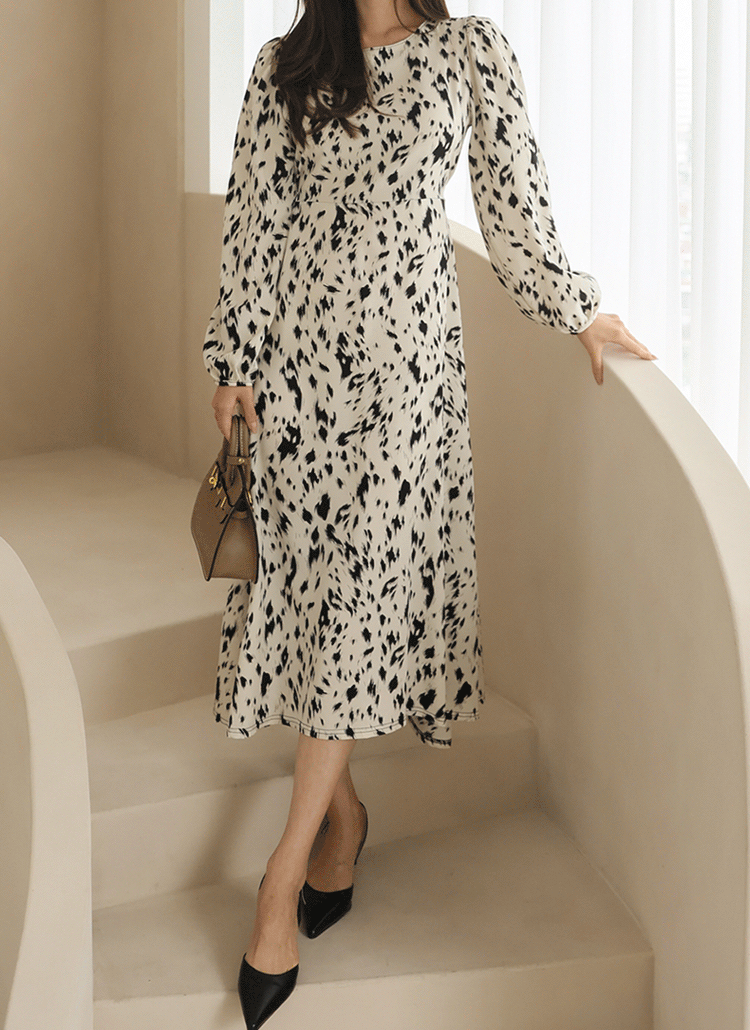 レオパードパターンヒョウ柄バックリボンaラインラウンドネックフレアワンピース春秋冬 ワンピース ロングワンピース Mayddle メイドゥル ファッション総合通販 Dholic
