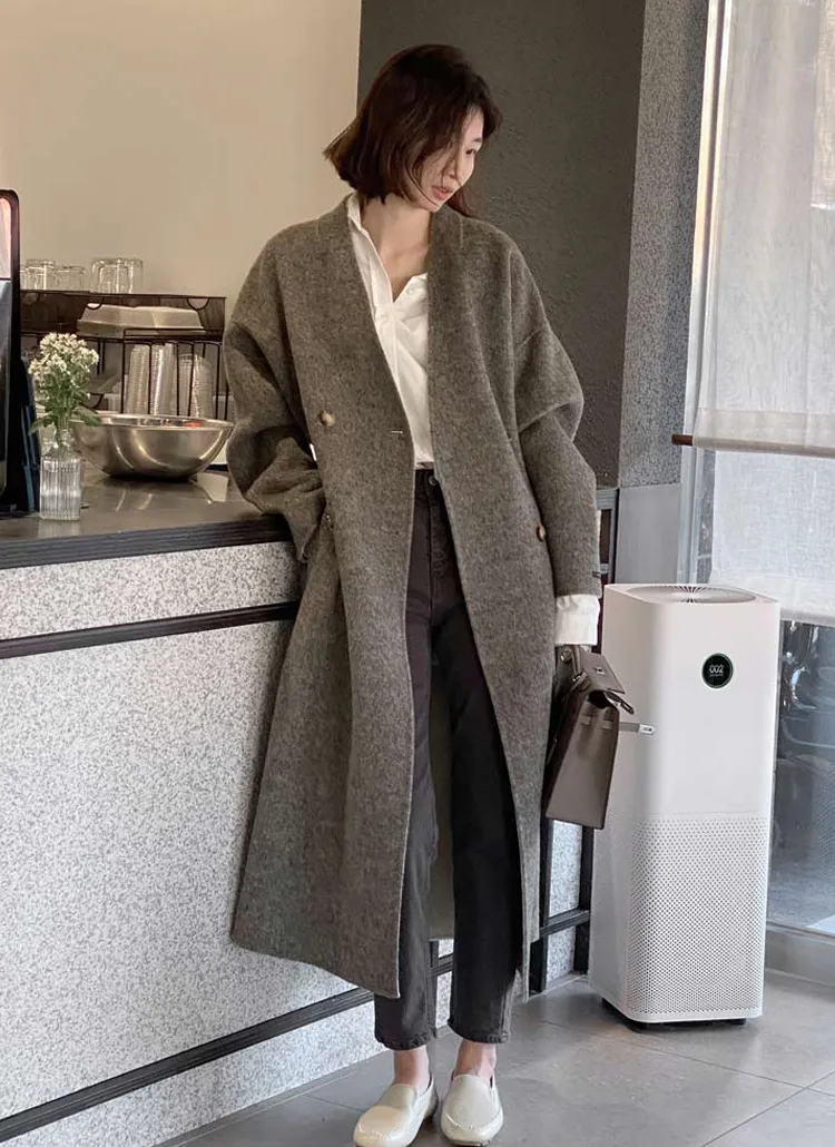 ストラップ付アンゴラ混ハンドメイドコート | レディースファッション 