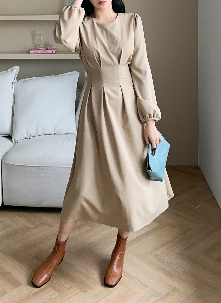 ラウンドネックパフスリーブ長袖無地フレアピンタックバックリボンロングワンピース秋冬 ワンピース ロング Dholic Ladies ディーホリックレディース ファッション総合通販 Dholic