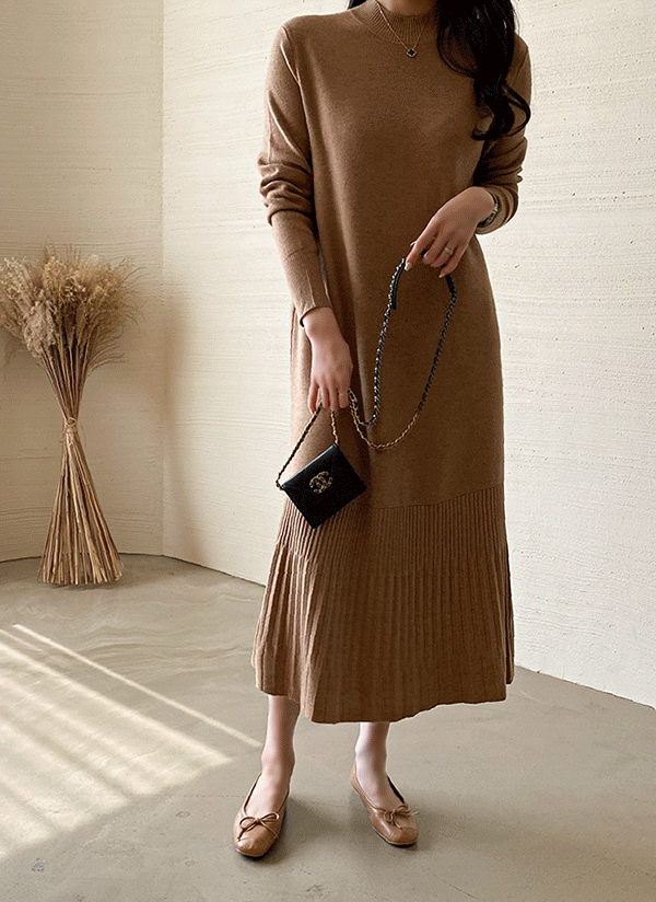 裾プリーツ　ロングワンピース 配色ワンピース プリーツワンピース バイカラー 裾 プリーツ