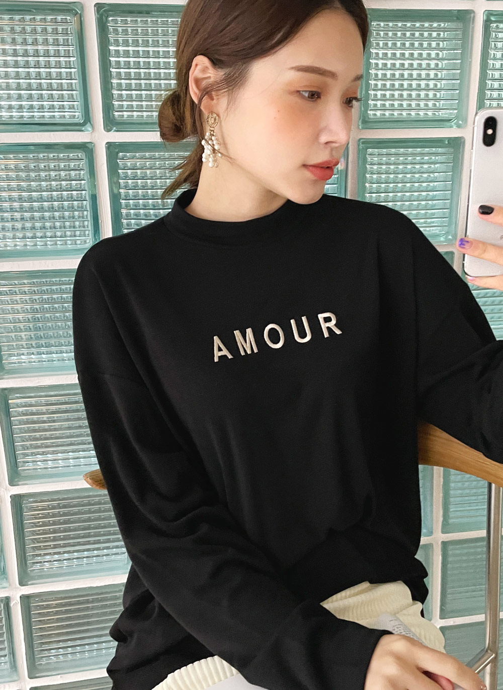 裏起毛AMOUR刺繍ハーフネックTシャツ・全3色 | DHOLIC PLUS | 詳細画像2