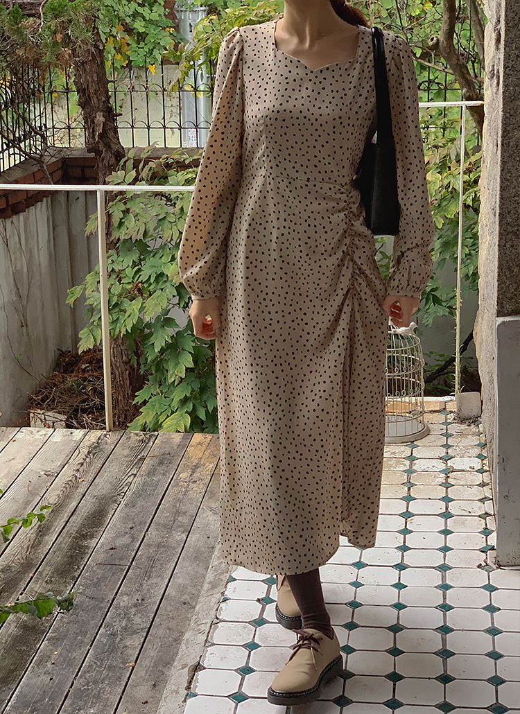 ハートネックバックストラップパフスリーブドットシャーリングワンピース春秋冬 ワンピース ロングワンピース Giveu ギブユー ファッション総合通販 Dholic