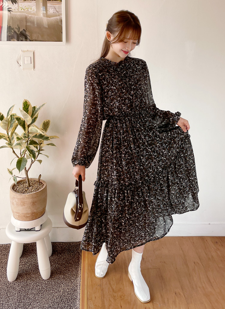 小花柄長袖フレアフラワーパターンリボンフローラルフリルロングワンピース秋冬 ワンピース ロング Dholic Ladies ディーホリックレディース ファッション総合通販 Dholic