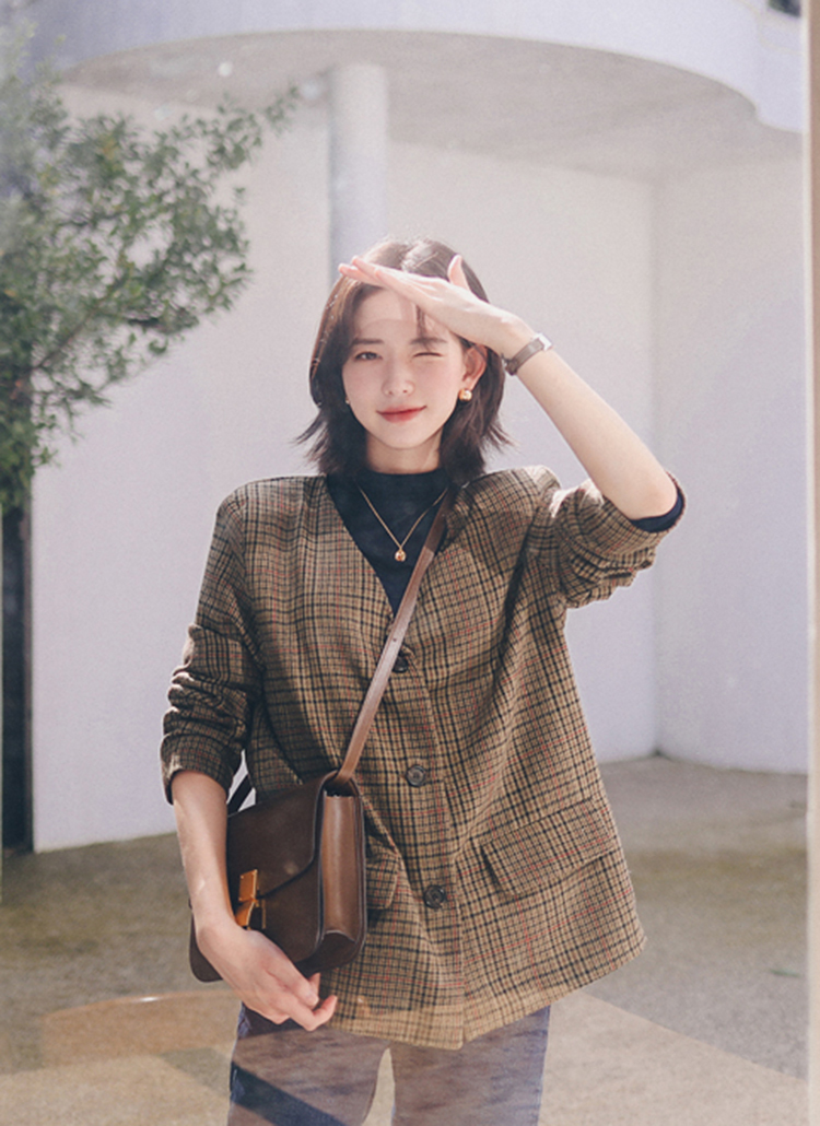 チェック柄ノーカラージャケット | レディースファッション通販 - DHOLIC