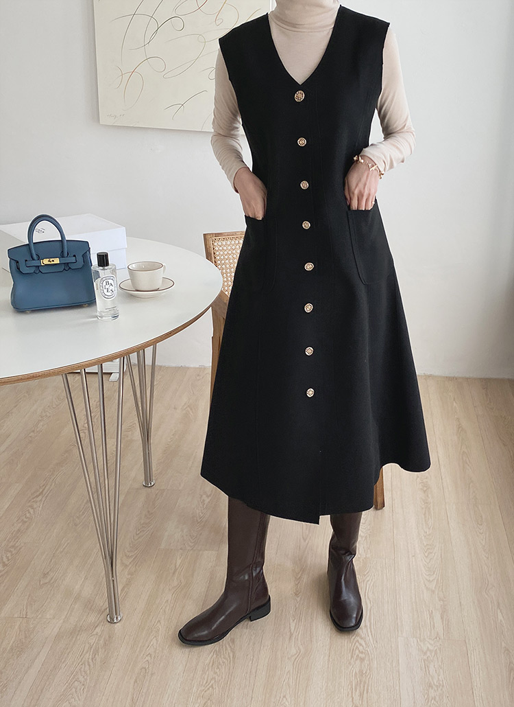 無地ポケットaラインvネックボタンスリーブレスロングワンピース秋冬 ワンピース ロング Dholic Ladies ディーホリックレディース ファッション総合通販 Dholic