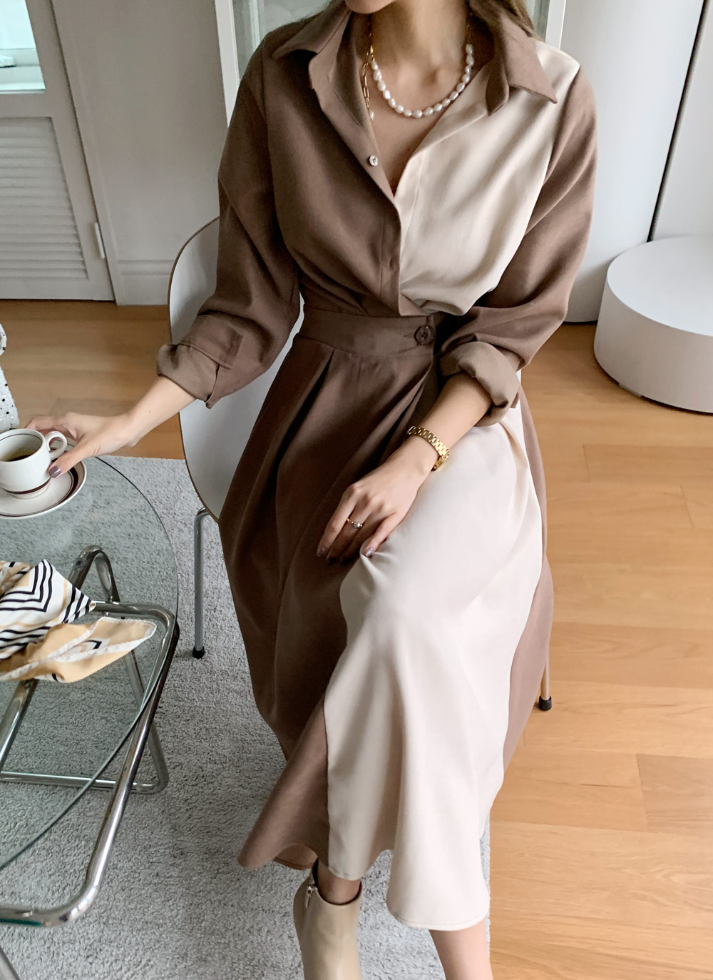 バイカラーラップ風シャツワンピース・全2色 | レディースファッション