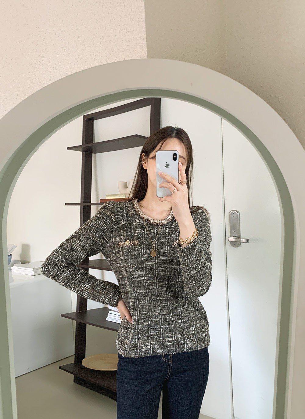 バストボタンツイードブラウス・全3色 レディースファッション通販 DHOLIC Rejaaue レディース トップス シャツ ブラウス 長袖 デニム風