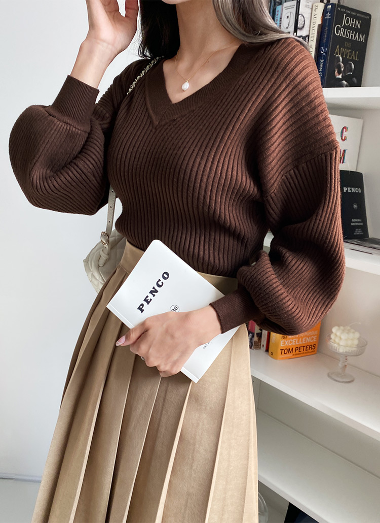 Vネックバルーンスリーブニット・全3色 | レディースファッション通販