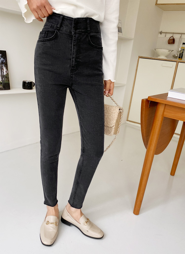 裏起毛ハイウエストカットオフスキニーツーボタンブラックスキニーデニムパンツブラックデニムジーンズ春秋冬 デニムパンツ スキニー Dholic Ladies ディーホリックレディース ファッション総合通販 Dholic