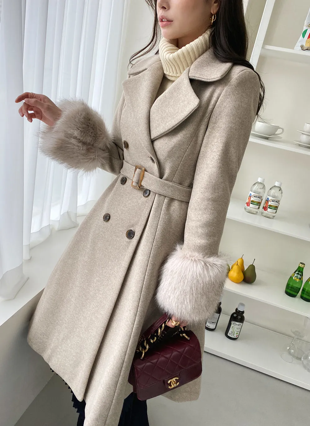 ベルト付キルト裏地フェイクファーポイントコート | レディース  