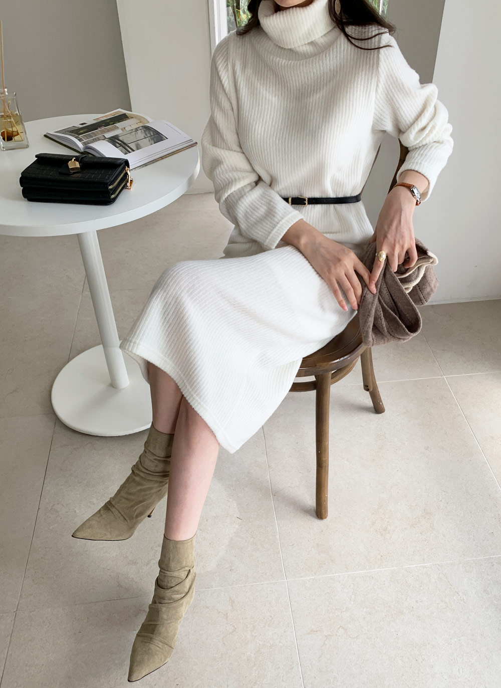 ベルト付Iラインタートルニットワンピース・全3色 | レディース