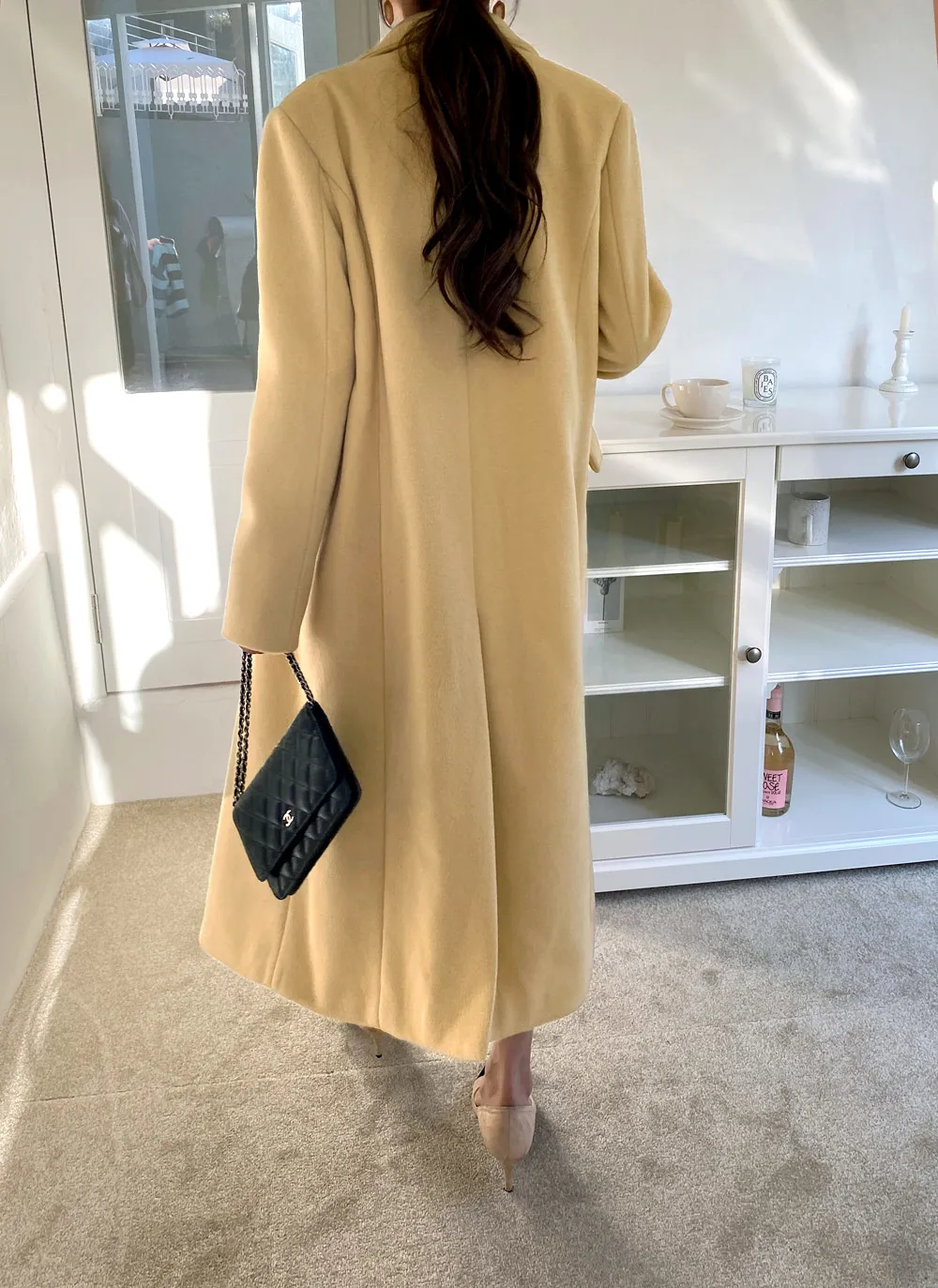 ストラップ付キルト裏地テーラードカラーロングコート・全2色  