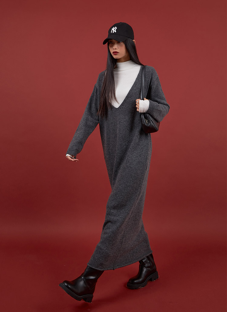 深Vネックロングニットワンピース・p312827