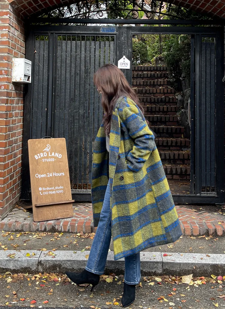 イエローチェックロングコート | レディースファッション通販 - DHOLIC 