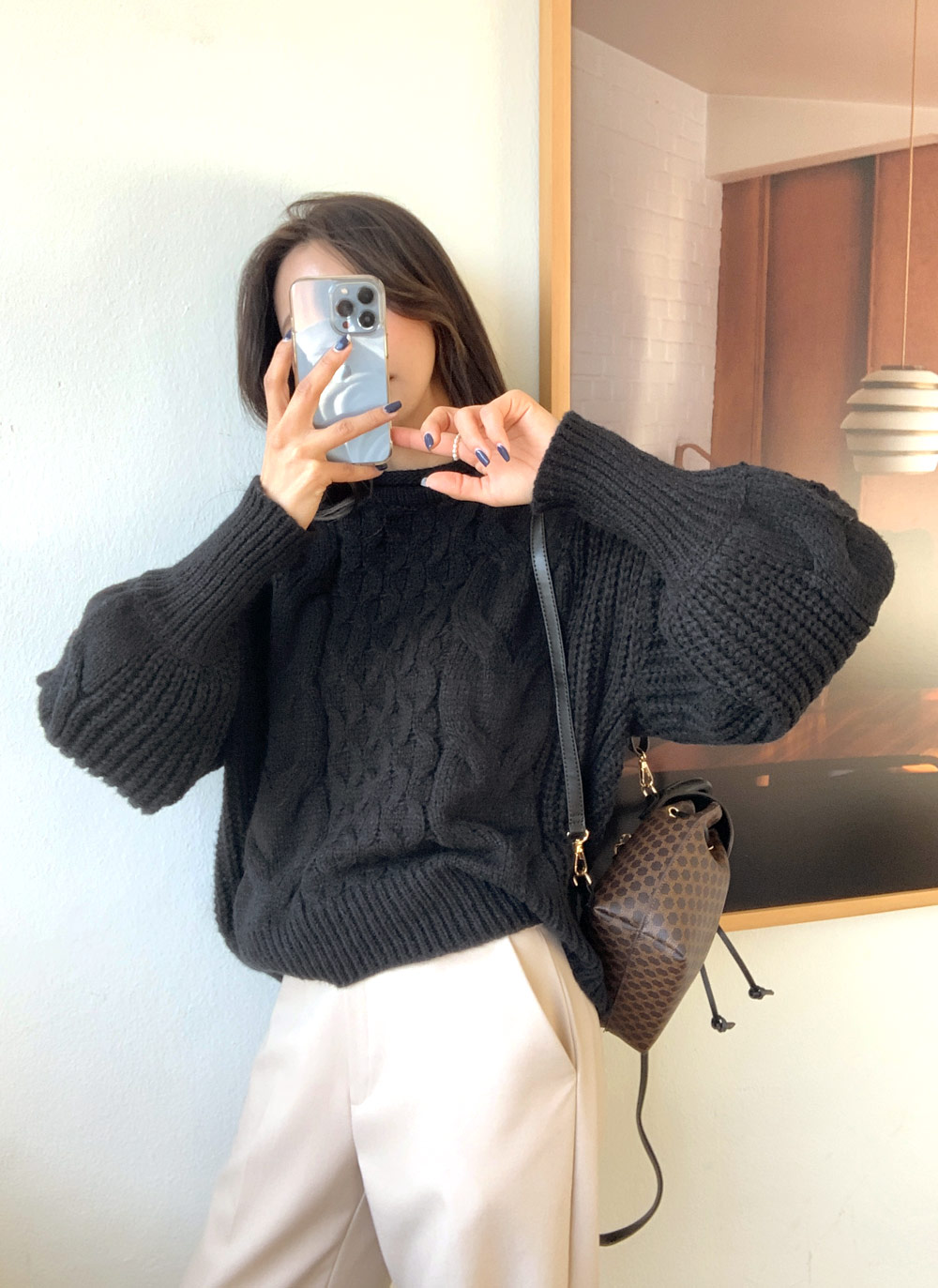 ダブルアールエル ブラックインディゴ ケーブル編みニット ロール