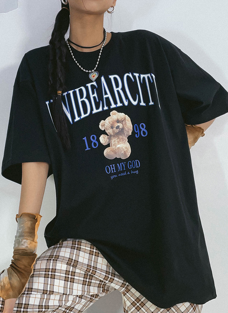 綿コットン混テディベア英字半袖tシャツレタリング春秋冬 トップス 半袖tシャツ Binarywon バイナリーワン ファッション総合通販 Dholic