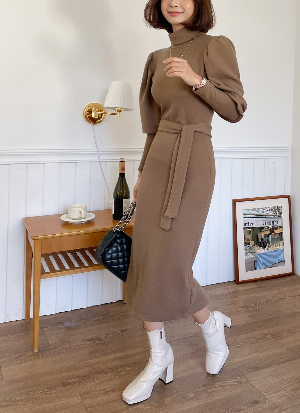 ストラップ付裏起毛パフタートルネックワンピース・全2色 | レディース