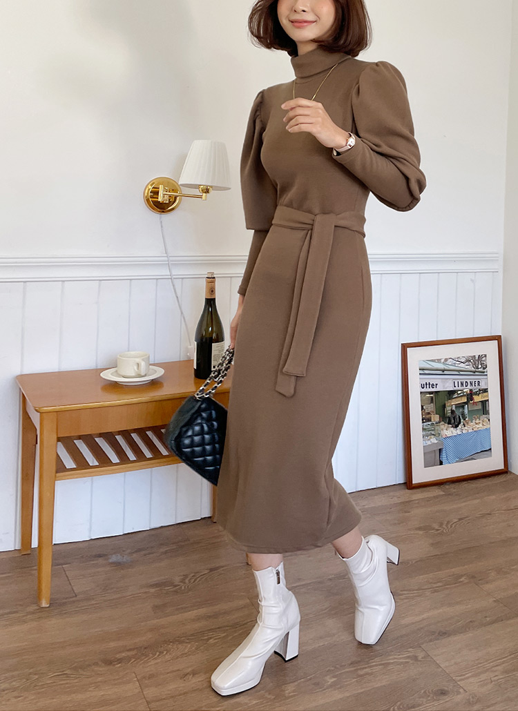 ストラップ付裏起毛パフタートルネックワンピース・全2色 | レディース