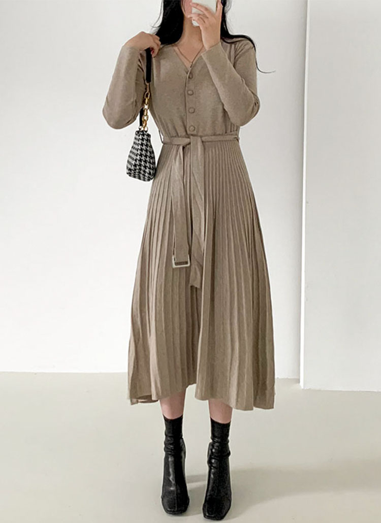 Vネックハーフボタンウール混ベルト付ニットプリーツワンピース春秋冬 ワンピース ロングワンピース Beidelli ベイデリー ファッション総合通販 Dholic