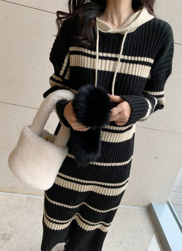 配色リブhラインフードボーダーニットワンピース春秋冬 ワンピース ミディワンピース Simpleboutique シンプルブティック ファッション総合通販 Dholic