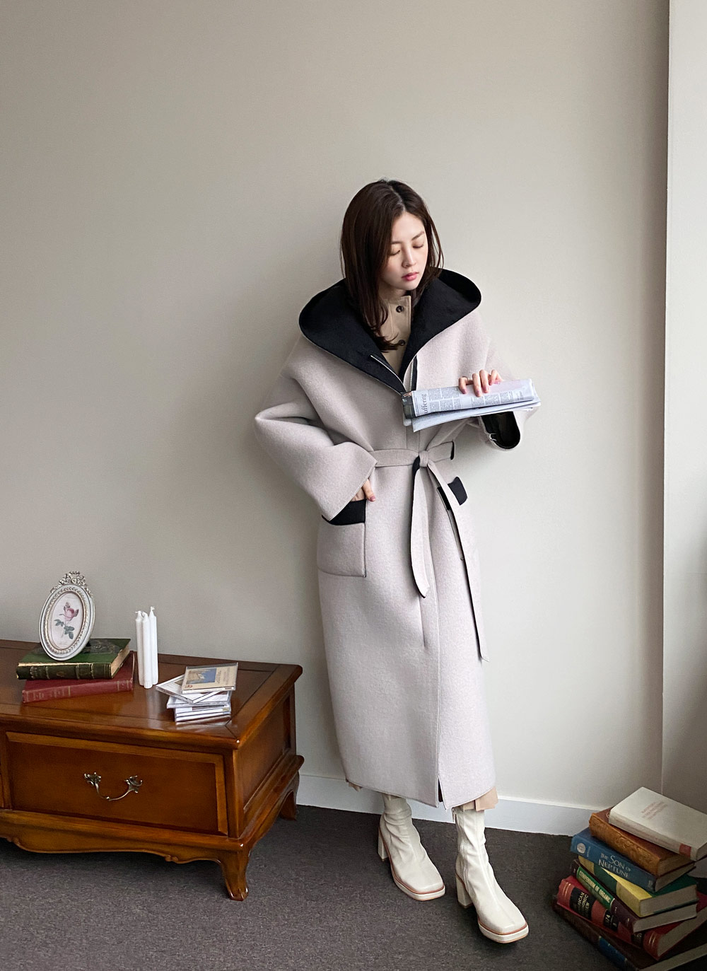 ファー裏地ストラップ付フードロングコート | レディースファッション