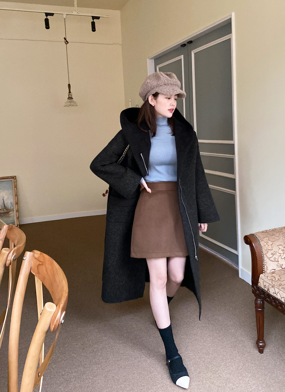 ファー裏地ストラップ付フードロングコート | レディースファッション