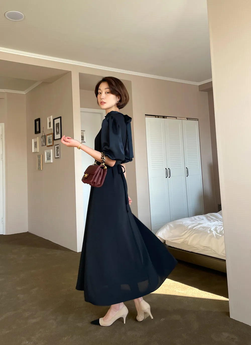 ストラップ付サテンパフロングワンピース・全2色 | レディース  