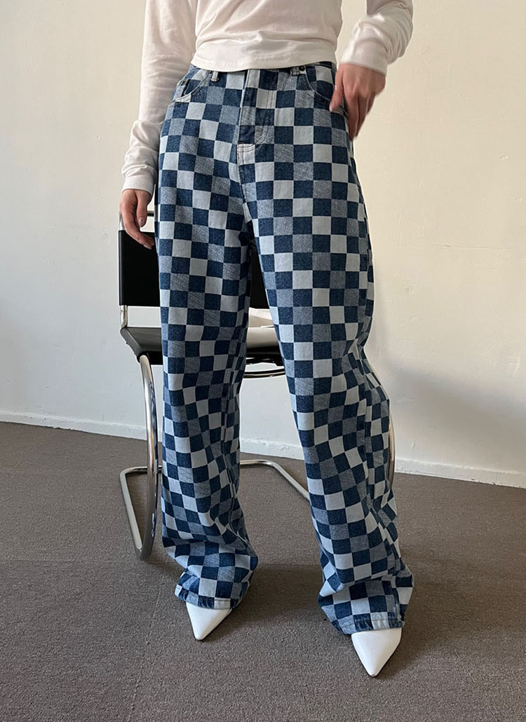 裏起毛ブロックチェックデニムパンツ | レディースファッション通販