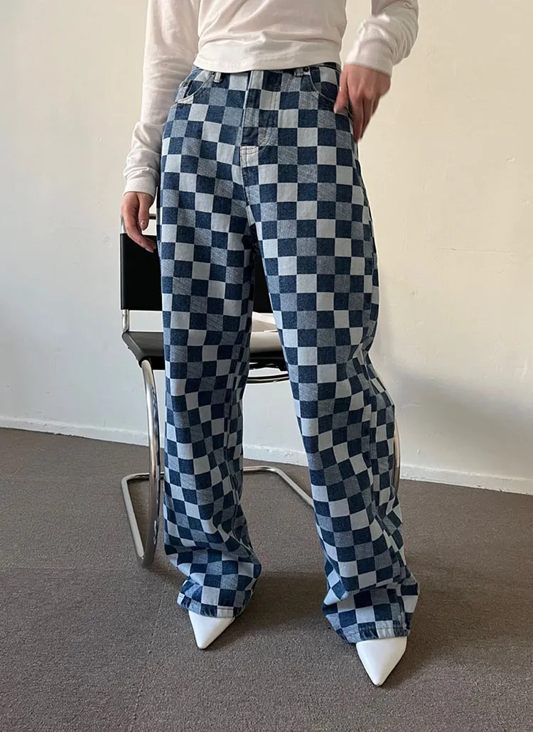 裏起毛ブロックチェックデニムパンツ | レディースファッション通販  